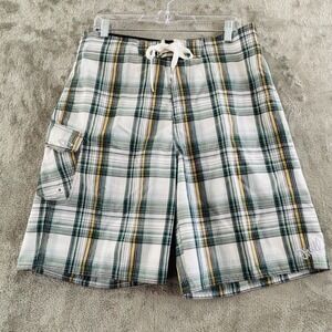 O'Neill‎ Plaid Cargo Board Shorts Mens 32 Green White Yellow Unlined Drawstring